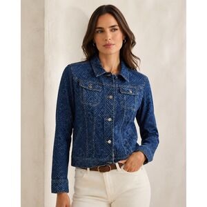 k240. Lauren Ralph Lauren Geometric Print Denim Trucker Jacket Indigo Blue Large
